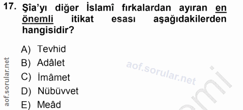 17. soru: Şia'yı diğer İslamî fırkalardan ayıran en önemli itikat esası aşağıdakilerden hangisidir? A) Tevhid B) Adâlet C) Imâm…