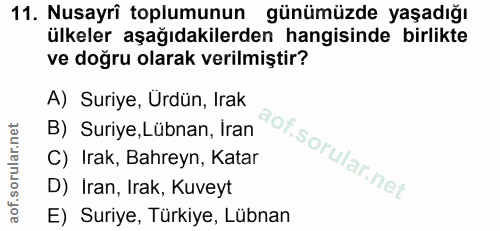 11. soru: Nusayri toplumunun günümüzde yaşadığı ülkeler aşağıdakilerden hangisinde birlikte ve doğru olarak verilmiştir? A) Sur…