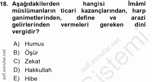 18. soru: Aşağıdakilerden hangisi İmâmi müslümanların ticari kazançlarından, harp ganimetlerinden, define ve arazi gelirlerinde…