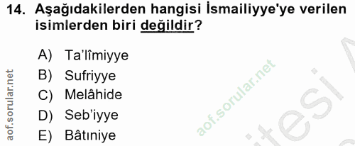 14. soru: Aşağıdakilerden hangisi İsmailiyye'ye verilen isimlerden biri değildir? A) Ta'lîmiyye B) Sufriyye C) Melâhide D) Seb'…