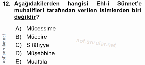 12. soru: Aşağıdakilerden hangisi Ehl-i Sünnet'e muhalifleri tarafından verilen isimlerden biri değildir? A) Mücessime orular.n…