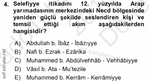 4. soru: Selefiyye itikadını 12. yüzyılda Arap yarımadasının merkezindeki Necd bölgesinde yeniden güçlü şekilde seslendiren ki…