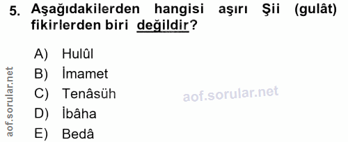 5. soru: Aşağıdakilerden hangisi aşırı Şii (gulât) fikirlerden biri değildir? A) Hulûl B) Imamet C) Tenâsüh D) Ibâha E Bedâ