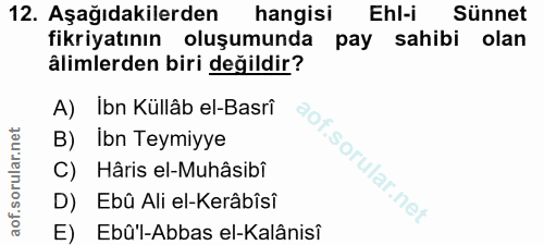 12. soru: Aşağıdakilerden hangisi Ehl-i Sünnet fikriyatının oluşumunda pay sahibi olan alimlerden biri değildir? A) Ibn Küllâb…