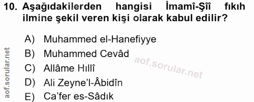 10. soru: Aşağıdakilerden hangisi Imamî-Şîî fıkıh ilmine şekil veren kişi olarak kabul edilir? A) Muhammed el-Hanefiyye B) Muha…