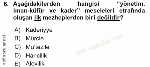 6. soru: Aşağıdakilerden hangisi "yönetim, iman-küfür ve kader" meseleleri etrafinda oluşan ilk mezheplerden biri değildir? A)…
