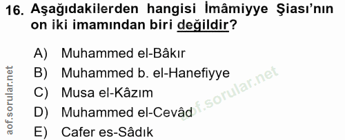 16. soru: Aşağıdakilerden hangisi İmâmiyye Şası'nın on iki imamından biri değildir? A) Muhammed el-Bâkır B) Muhammed b. el-Hane…