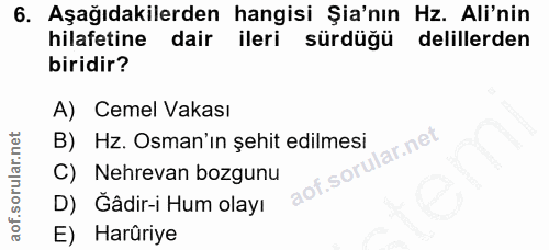 6. soru: Aşağıdakilerden hangisi Şia'nın Hz. Ali'nin hilafetine dair ileri sürdüğü delillerden biridir? A) Cemel Vakası B) Hz.…