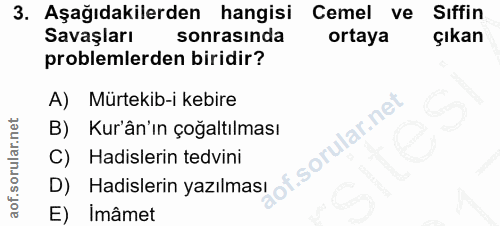 3. soru: Aşağıdakilerden hangisi Cemel ve Sıffin Savaşları sonrasında ortaya çıkan problemlerden biridir? A) Mürtekib-i kebire…