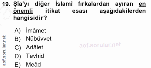 19. soru: Şia'yı diğer İslamî fırkalardan ayıran en önemli itikat esasi aşağıdakilerden hangisidir? A) Imâmet B) Nübüvvet rular…