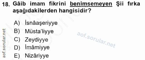 18. soru: Gâib imam fikrini benimsemeyen Şii fırka aşağıdakilerden hangisidir? A) Isnâaşeriyye B) Müsta'liyye C) Zeydiyye D) Im…