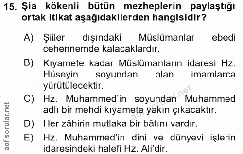 15. soru: Şia kökenli bütün mezheplerin paylaştığı ortak itikat aşağıdakilerden hangisidir? A) Şiiler dışındaki Muslümanlar ebe…