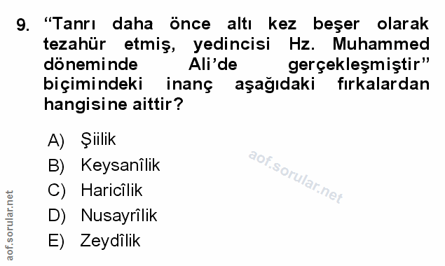9. soru: "Tanrı daha önce altı kez beşer olarak tezahür etmiş, yedincisi Hz. Muhammed döneminde Ali'de gerçekleşmiştir" biçimi…