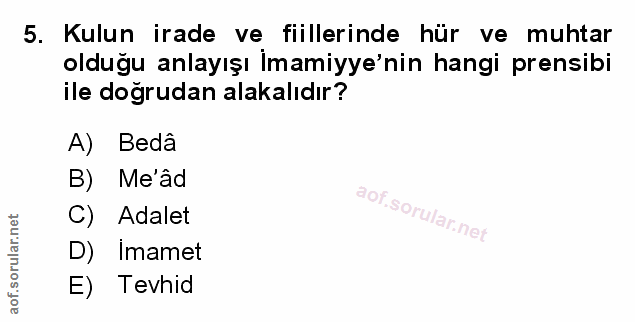 5. soru: Kulun irade ve fiillerinde hür ve muhtar olduğu anlayışı İmamiyye'nin hangi prensibi ile doğrudan alakalıdır? A) Beda…