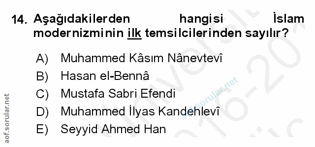 14. soru: Aşağıdakilerden hangisi Islam modernizminin ilk temsilcilerinden sayılır? A) Muhammed Kâsım Nânevtevi B) Hasan el-Ben…