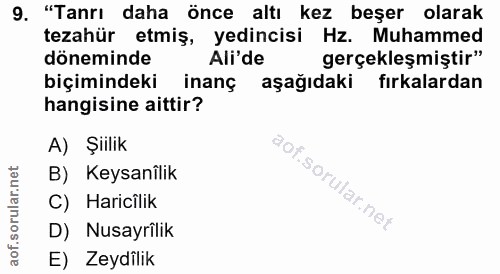 9. soru: "Tanrı daha önce altı kez beşer olarak tezahür etmiş, yedincisi Hz. Muhammed döneminde Ali'de gerçekleşmiştir" biçimi…