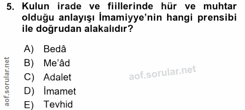 5. soru: Kulun irade ve fiillerinde hür ve muhtar olduğu anlayışı İmamiyye'nin hangi prensibi ile doğrudan alakalıdır? A) Bedâ…