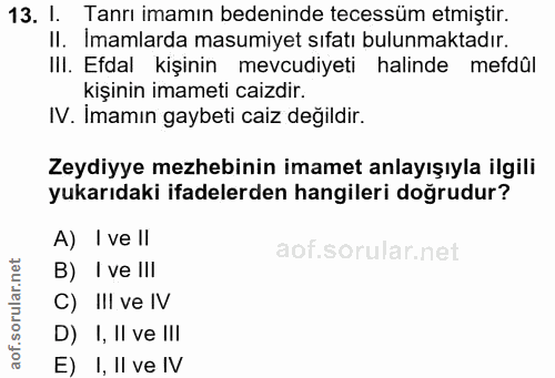 13. soru: 1. Tanrı imamın bedeninde tecessüm etmiştir. II. Imamlarda masumiyet sıfatı bulunmaktadır. IlI. Efdal kişinin mevcudi…