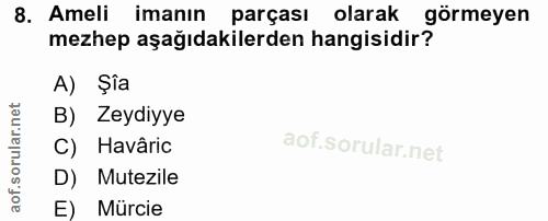 8. soru: Ameli imanın parçası olarak görmeyen mezhep aşağıdakilerden hangisidir? A) Şia B) Zeydiyye C) Havâric D) Mutezile E)…
