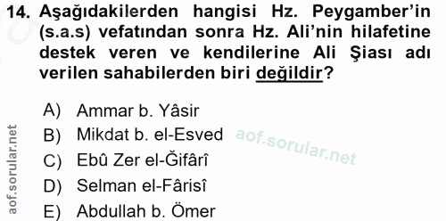 14. soru: Aşağıdakilerden hangisi Hz. Peygamber'in (s.a.s) vefatından sonra Hz. Ali'nin hilafetine destek veren ve kendilerine…