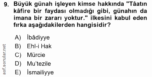 9. soru: Büyük günah işleyen kimse hakkında "Tâatın kåfire bir faydası olmadığı gibi, günahın da imana bir zararı yoktur." ilk…