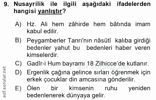 9. soru: Nusayrilik ile ilgili aşağıdaki ifadelerden hangisi yanlıştır? A) Hz. Ali hem zâhirde hem bâtında imam kabul edilir.…