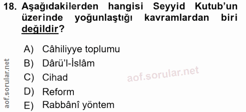 18. soru: Aşağıdakilerden hangisi Seyyid Kutub'un üzerinde yoğunlaştığı kavramlardan biri değildir? A) Câhiliyye toplumu B) Dâr…