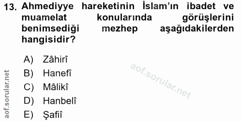 13. soru: Ahmediyye hareketinin İslam'ın ibadet ve muamelat konularında görüşlerini benimsediği mezhep aşağıdakilerden hangisid…