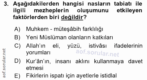 3. soru: Aşağıdakilerden hangisi nasların tabiatı ile ilgili mezheplerin oluşumunu etkileyen faktörlerden biri değildir? A) Mu…