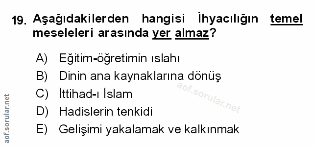 19. soru: Aşağıdakilerden hangisi Ihyacılığın temel meseleleri arasında yer almaz? A) Eğitim-öğretimin ıslahı B)E Dinin ana kay…