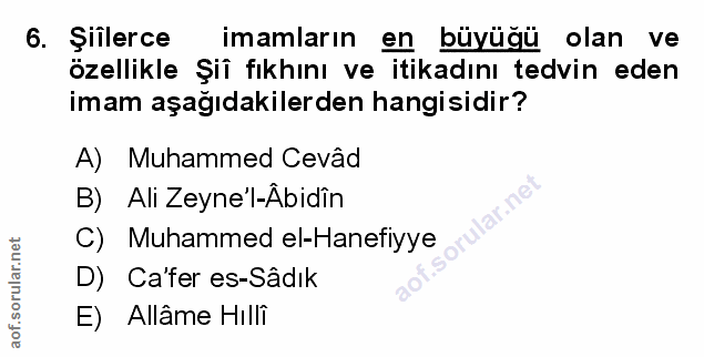 6. soru: Şiilerce imamların en büyuğu olan ve özellikle Şiî fıkhını ve itikadını tedvin eden imam aşağıdakilerden hangisidir?…