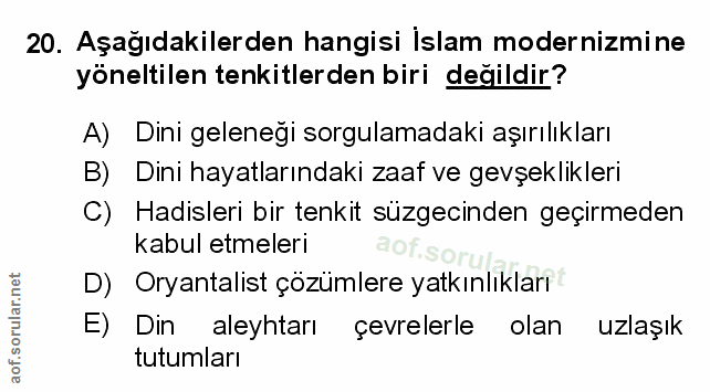 20. soru: Aşağıdakilerden hangisi Islam modernizmine yöneltilen tenkitlerden biri değildir? A) Dini geleneği sorgulamadaki aşır…