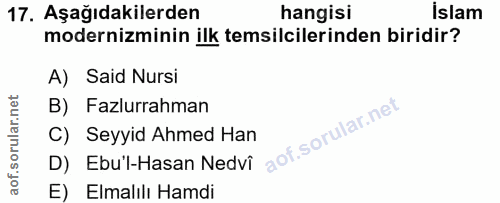 17. soru: Aşağıdakilerden hangisi İslam moderniminin ilk temsilcilerinden biridir? A) Said Nursi B) Fazlurrahman C) Seyyid Ahme…