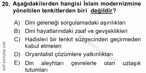 20. soru: Aşağıdakilerden hangisi İslam modernizmine yöneltilen tenkitlerden biri değildir? A) Dini geleneği sorgulamadaki aşır…