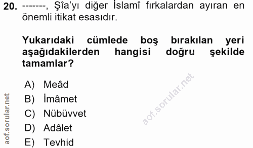 20. soru: --_ Şîa'yı diğer İslamî fırkalardan ayıran en önemli itikat esasıdır. Yukarıdaki cümlede boş bırakılan yeri aşağıdaki…