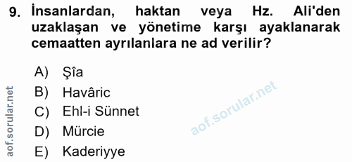 9. soru: Insanlardan, haktan veya Hz. Ali'den uzaklaşan ve yönetime karşı ayaklanarak cemaatten ayrilanlara ne ad verilir? A)…