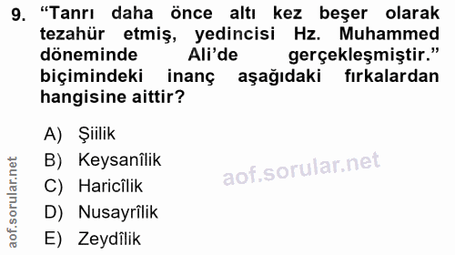 9. soru: "Tanrı daha önce altı kez beşer olarak tezahür etmiş, yedincisi Hz. Muhammed döneminde Ali'de gerçekleşmiştir." biçim…