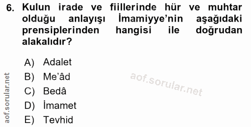 6. soru: Kulun irade ve fiillerinde hür ve muhtar olduğu anlayışı Imamiyye'nin aşağıdaki prensiplerinden hangisi ile doğrudan…