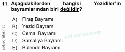 11. soru: Aşağıdakilerden hangisi Yezidler'in bayramlarından biri değildir? A) Firaş Bayramı B) Yezid Bayramı C) Cemai Bayramı…