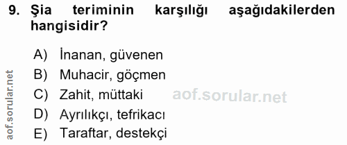 9. soru: Şia teriminin Karşılığı aşağıdakilerden hangisidir? A) Inanan, güvenen et B) Muhacir, göçmen ar. C) Zahit, müttaki or…