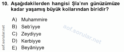 10. soru: Aşağıdakilerden hangisi Şîa'nın günüzümüze kadar yaşamış büyük kollarından biridir? A) Muhammire B) Seb'iyye C) Zeydi…