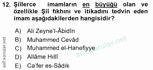 12. soru: Şiîlerce imamların en büyüğü olan ve özellikle Şiî fıkhını ve itikadını tedvin eden imam aşağıdakilerden hangisidir?…