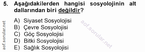 5. soru: Aşağıdakilerden hangisi sosyolojinin alt dallarından biri değildir? A) Siyaset Sosyolojisi B) Çevre Sosyolojisi C) Gö…