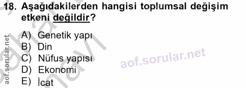 18. soru: Aşağıdakilerden hangisi toplumsal değişim etkeni değildir? A) Genetik yapı B) Din C) Nüfus yapısı D) Ekonomi E) Icat