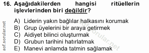 16. soru: Aşağıdakilerden hangisi ritüellerin işlevlerinden biri değildir? A) Liderin yakın bağlılar halkasını korumak B) Grup…