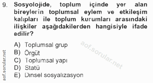 9. soru: Sosyolojide, toplum içinde yer alan bireylerin toplumsal eylem ve etkileşim kalıpları ile toplum kurumları arasındaki…