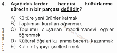 4. soru: Aşağıdakilerden hangisi kültürlenme sürecinin bir parçası değildir? A) Kültüre yeni ürünler katmak B) Toplumsal kural…