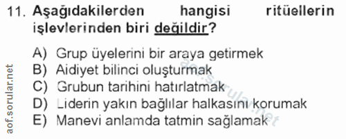 11. soru: Aşağıdakilerden hangisi ritüellerin işlevlerinden biri değildir? A) Grup üyelerini bir araya getirmek B) Aidiyet bili…