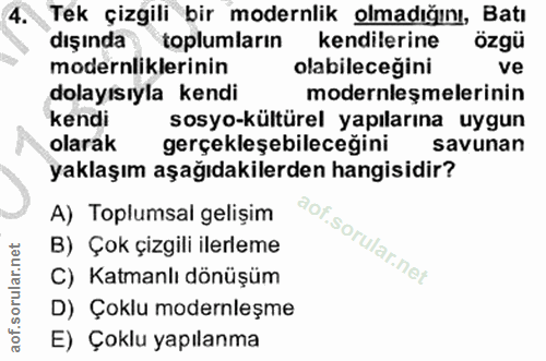 4. soru: Tek çizgili bir modernlik olmadığını, Batı dışında toplumların kendilerine özgü modernliklerinin olabileceğini ve dol…