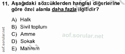 11. soru: Aşağıdaki sözcüklerden hangisi diğerlerine göre özel alanla daha fazla ilgilidir? A) Halk rular.net B) Sivil toplum C…